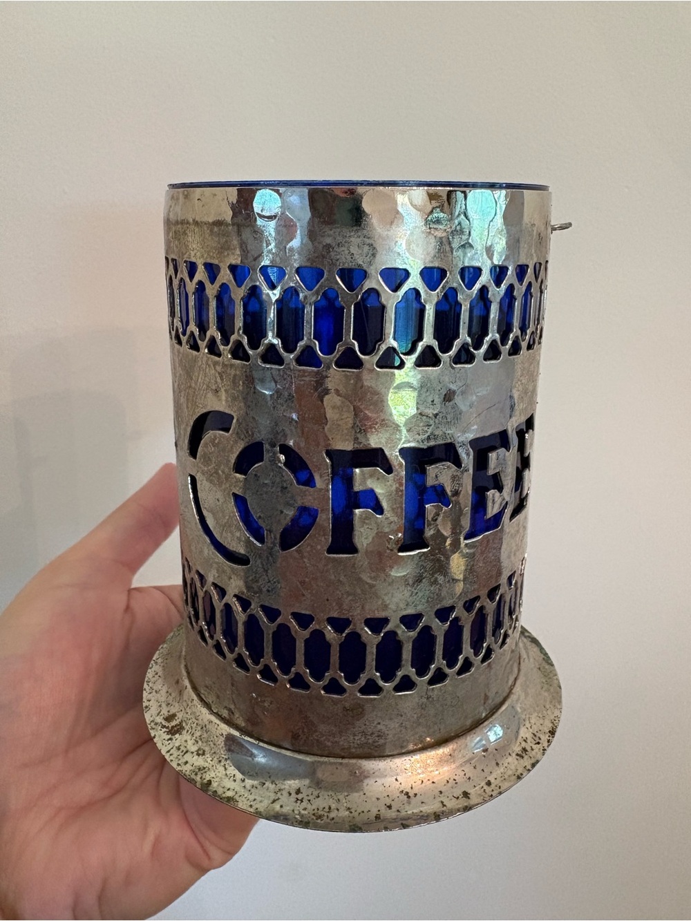 Decorative Silver Coffee Canister with Blue Interior